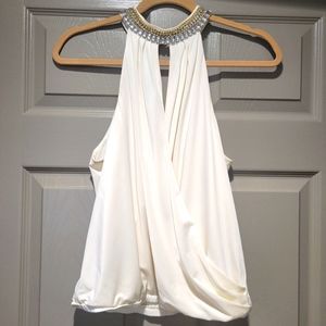 Bebe - White satin drap blouse with jeweled choker neckline - small